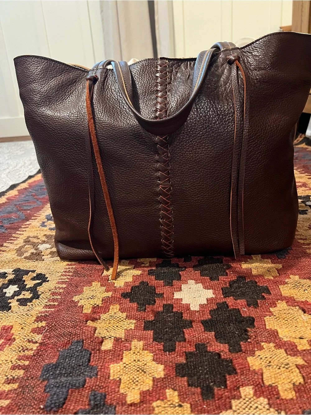 Women's Dark Brown Leather Tote Bag with Braided Center Detail
